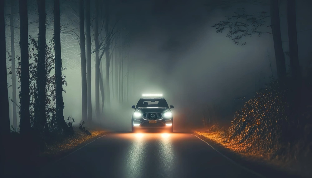 car in forest