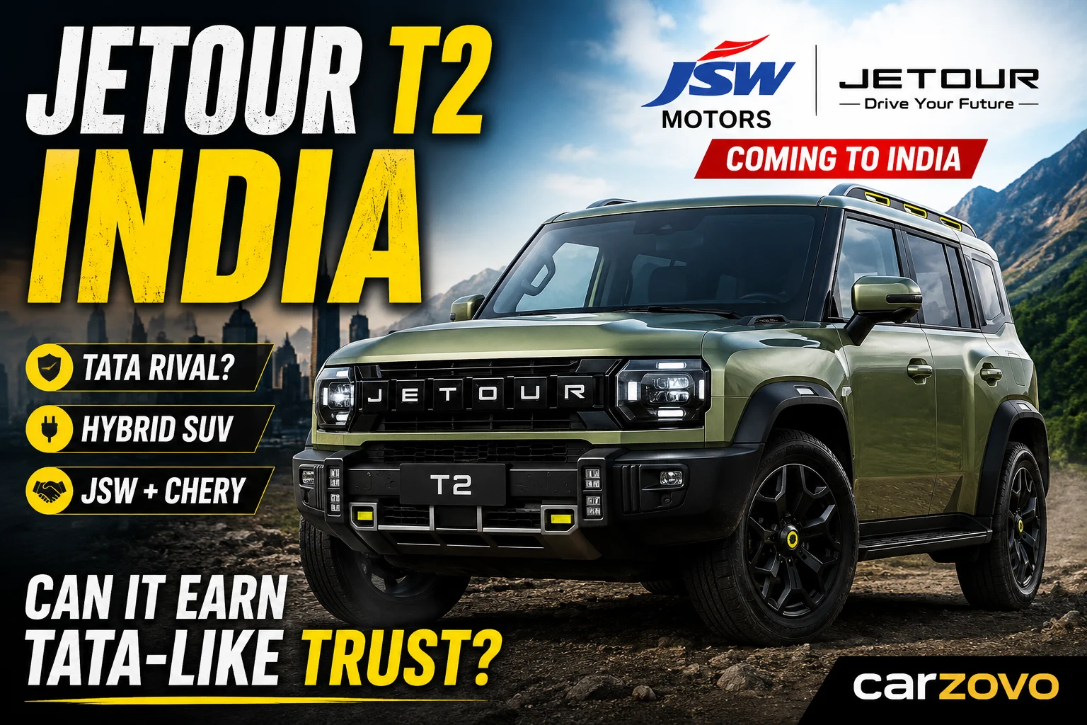 Jetour T2 SUV with JSW branding and Tata trust comparison theme for India launch | carzovo