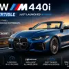 Front angle view of the new BMW M440i xDrive Convertible in blue
