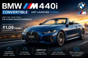 Front angle view of the new BMW M440i xDrive Convertible in blue