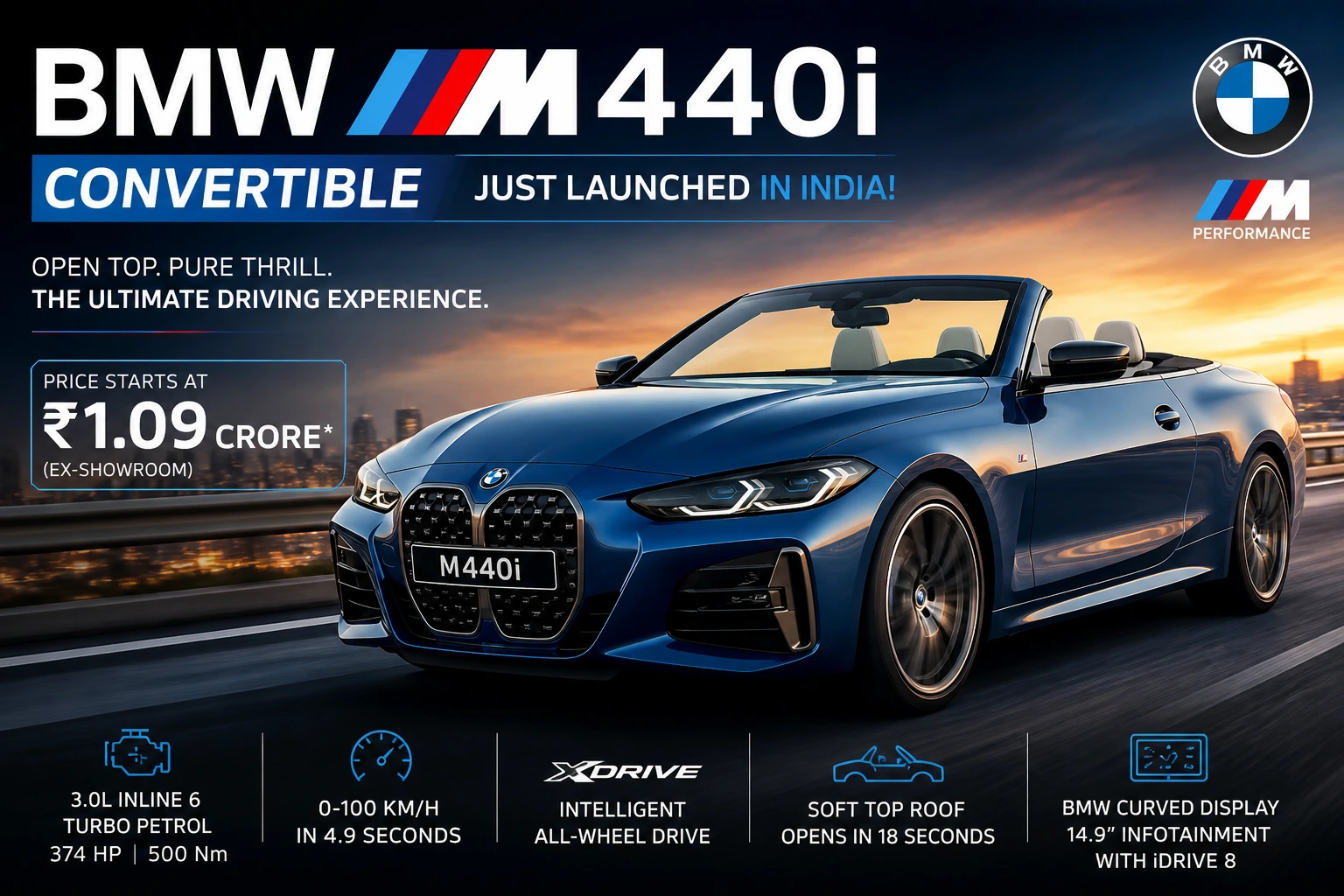Front angle view of the new BMW M440i xDrive Convertible in blue