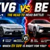 Graphic comparing the Kia EV6 Vs Mahindra BE 6 electric SUVs for a head-to-head battle article.
