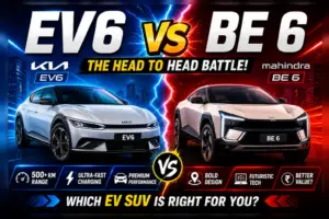 Graphic comparing the Kia EV6 Vs Mahindra BE 6 electric SUVs for a head-to-head battle article.