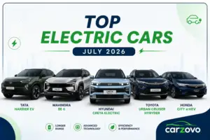best electric cars in India for July 2026 including Tata Harrier EV, Mahindra XEV 9e, Hyundai Creta Electric, Tata Nexon EV and MG Windsor EV.