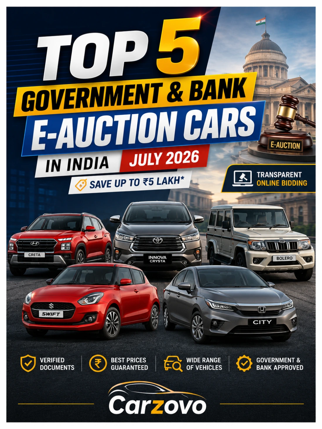 image of top 5 E_Auction cars of july 2026| carzovo