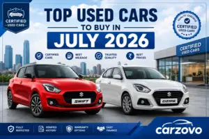 Maruti Suzuki Swift and Maruti Suzuki Dzire featured in the Top Used Cars to Buy in July 2026 guide by Carzovo