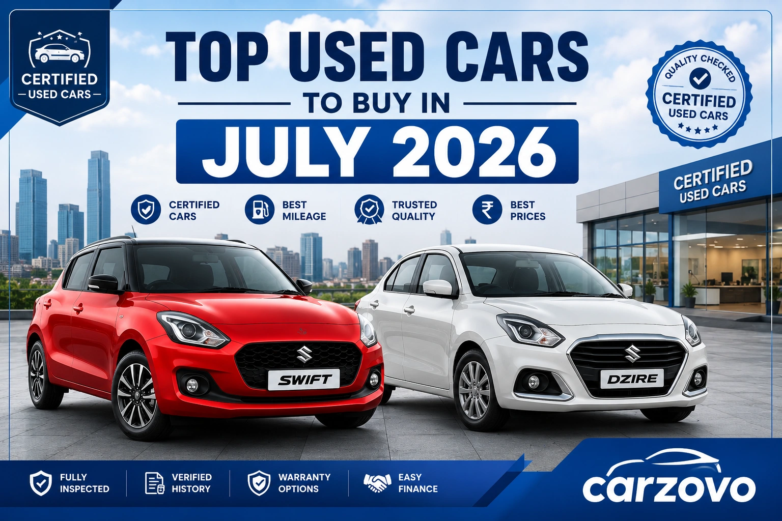 Maruti Suzuki Swift and Maruti Suzuki Dzire featured in the Top Used Cars to Buy in July 2026 guide by Carzovo