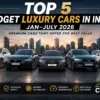 Top 5 budget luxury cars in India 2026 featuring BMW X1, Mercedes-Benz GLA, BMW 3 Series LWB, Audi A4 and Volvo XC60.