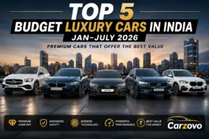 Top 5 budget luxury cars in India 2026 featuring BMW X1, Mercedes-Benz GLA, BMW 3 Series LWB, Audi A4 and Volvo XC60.
