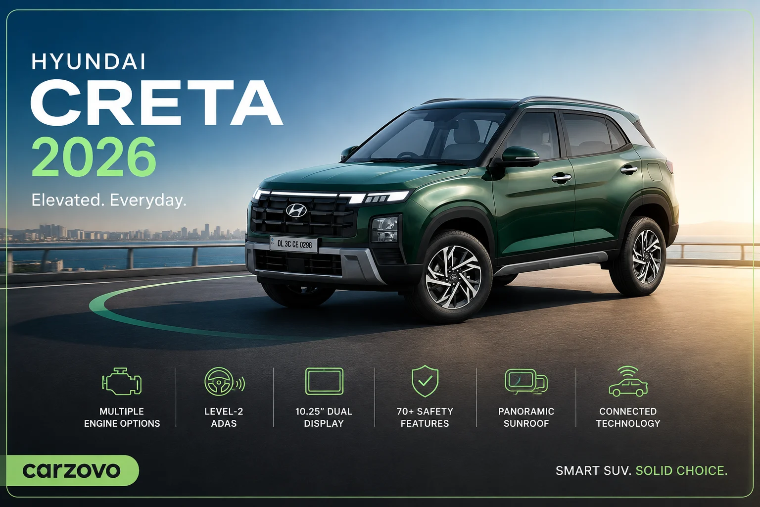 Front view of Hyundai Creta 2026 showcasing its updated design, LED lighting, premium styling and advanced SUV features.