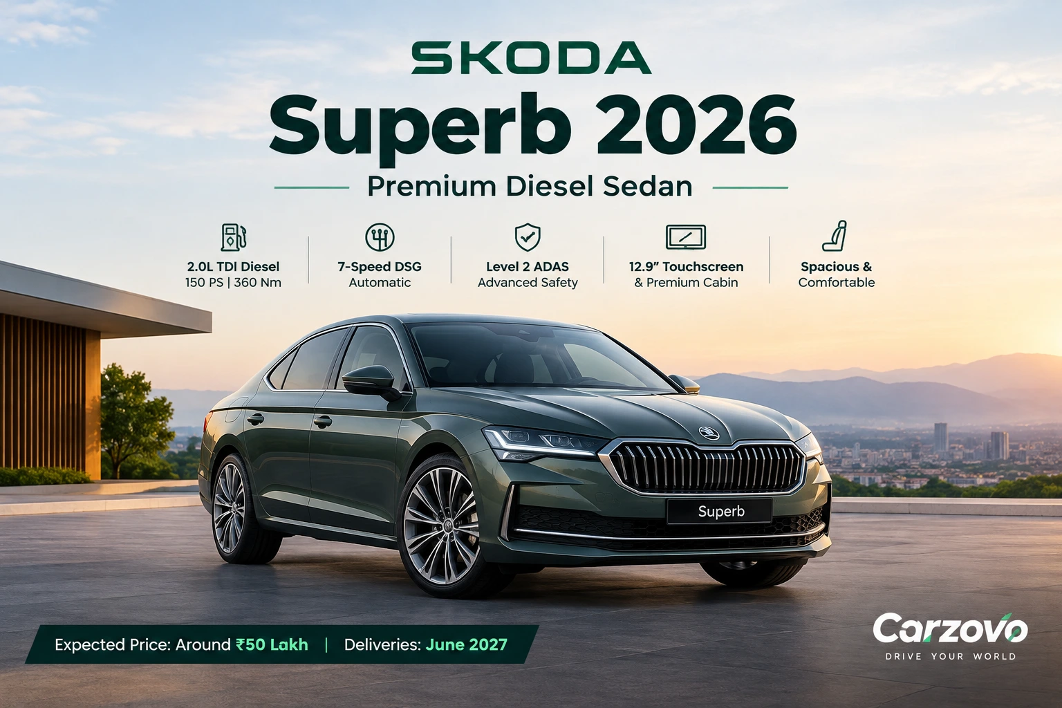 Skoda Superb 2026 premium diesel sedan exterior | Carzovo