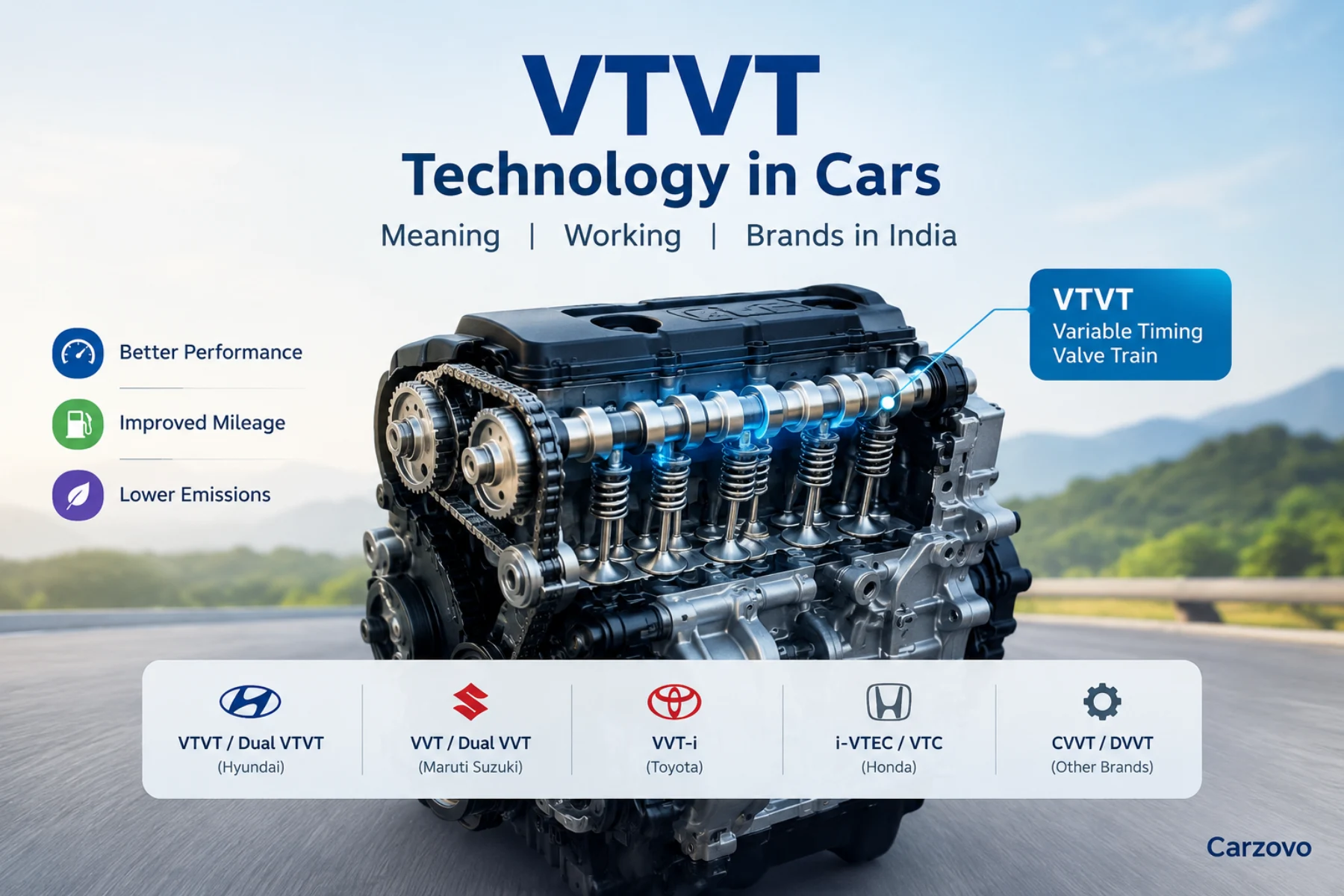VTVT variable timing valve train technology in car engines in India