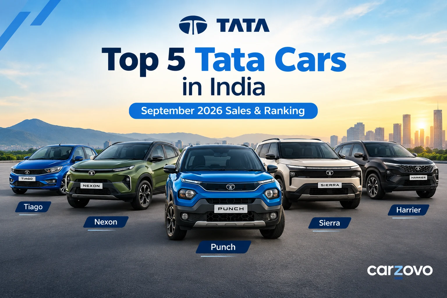 Top 5 Tata cars in India September 2026 including Punch Nexon Tiago Sierra and Harrier
